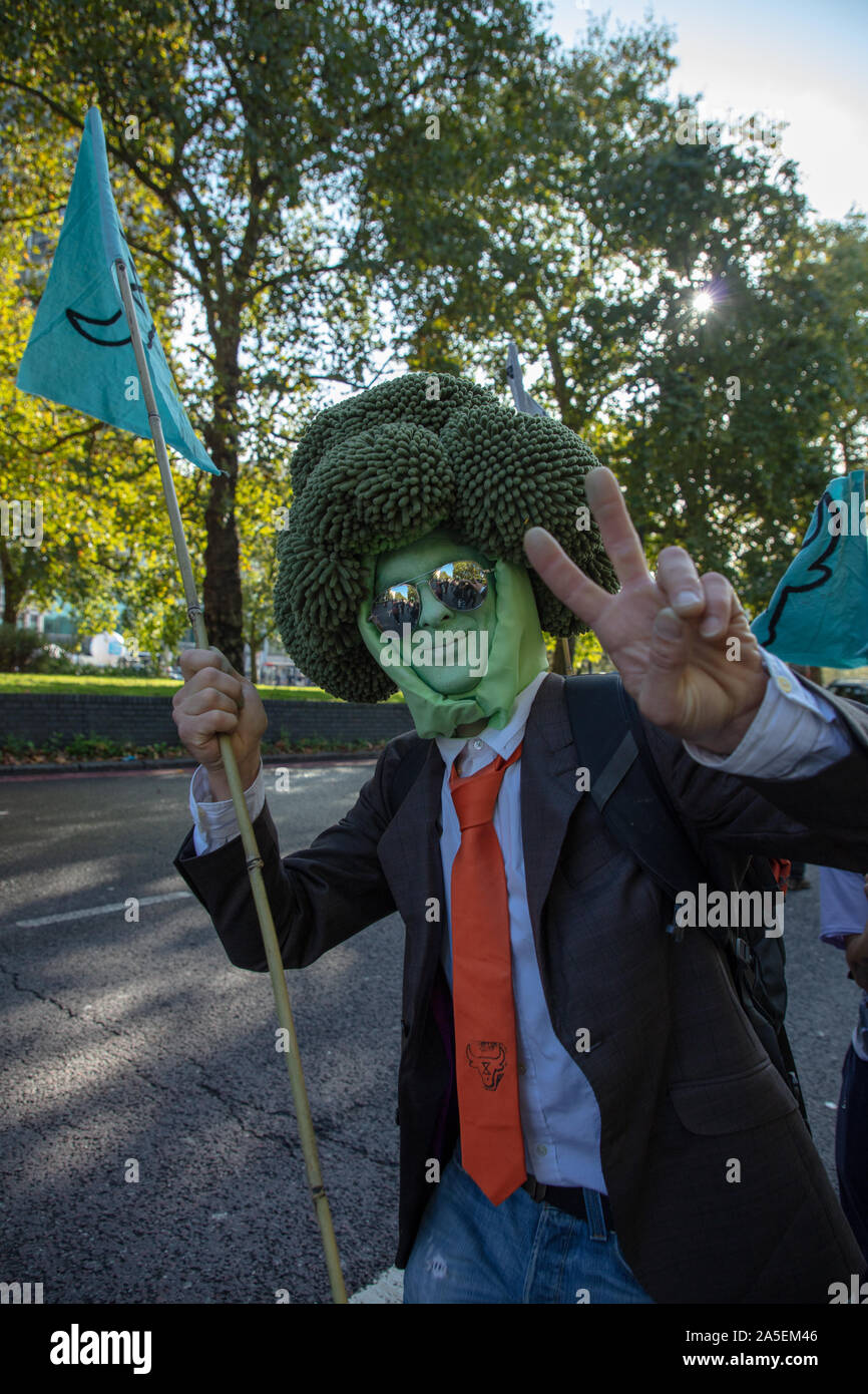 Mr Broccoli or Roland Everson seen on Park Lane, London during a protest march by the Animal Rebellion Movement, an offshoot of Extinction Rebellion. Stock Photo