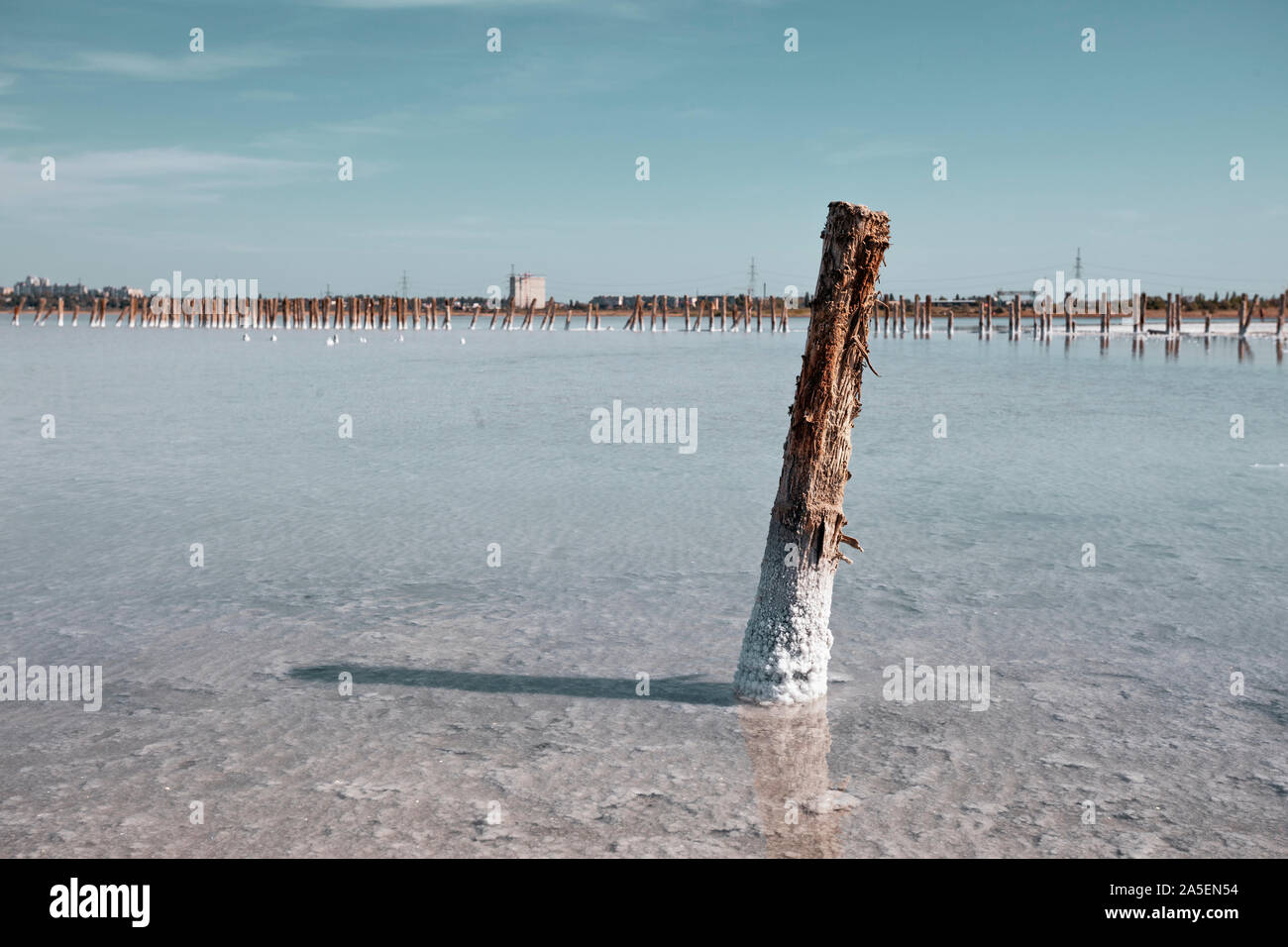 Salt lake with mud baths. Treatment in a salt lake. Sanatorium. Wooden