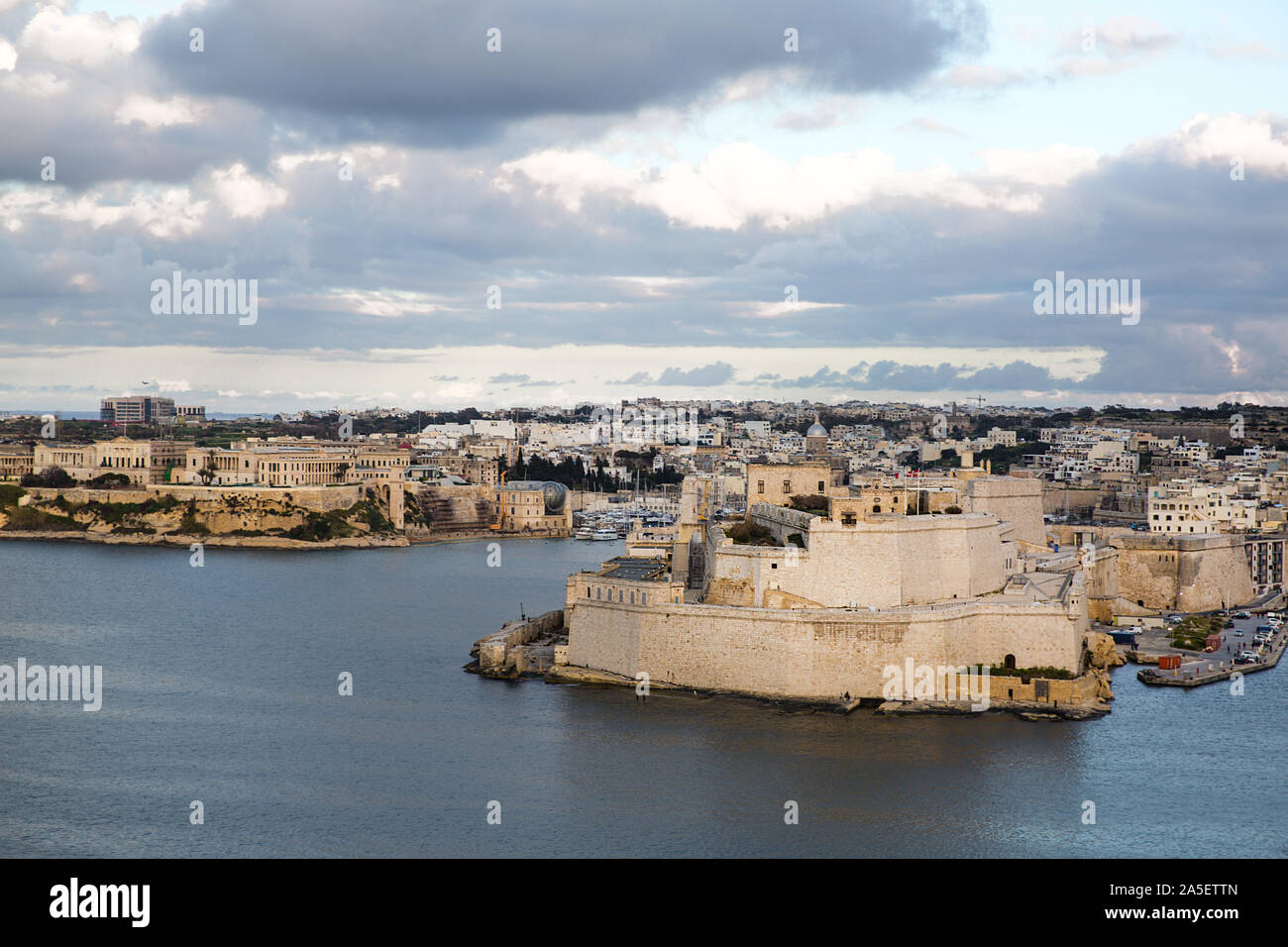 Valletta old town aerial panorama view in sunset. Malta island. Stock Photo
