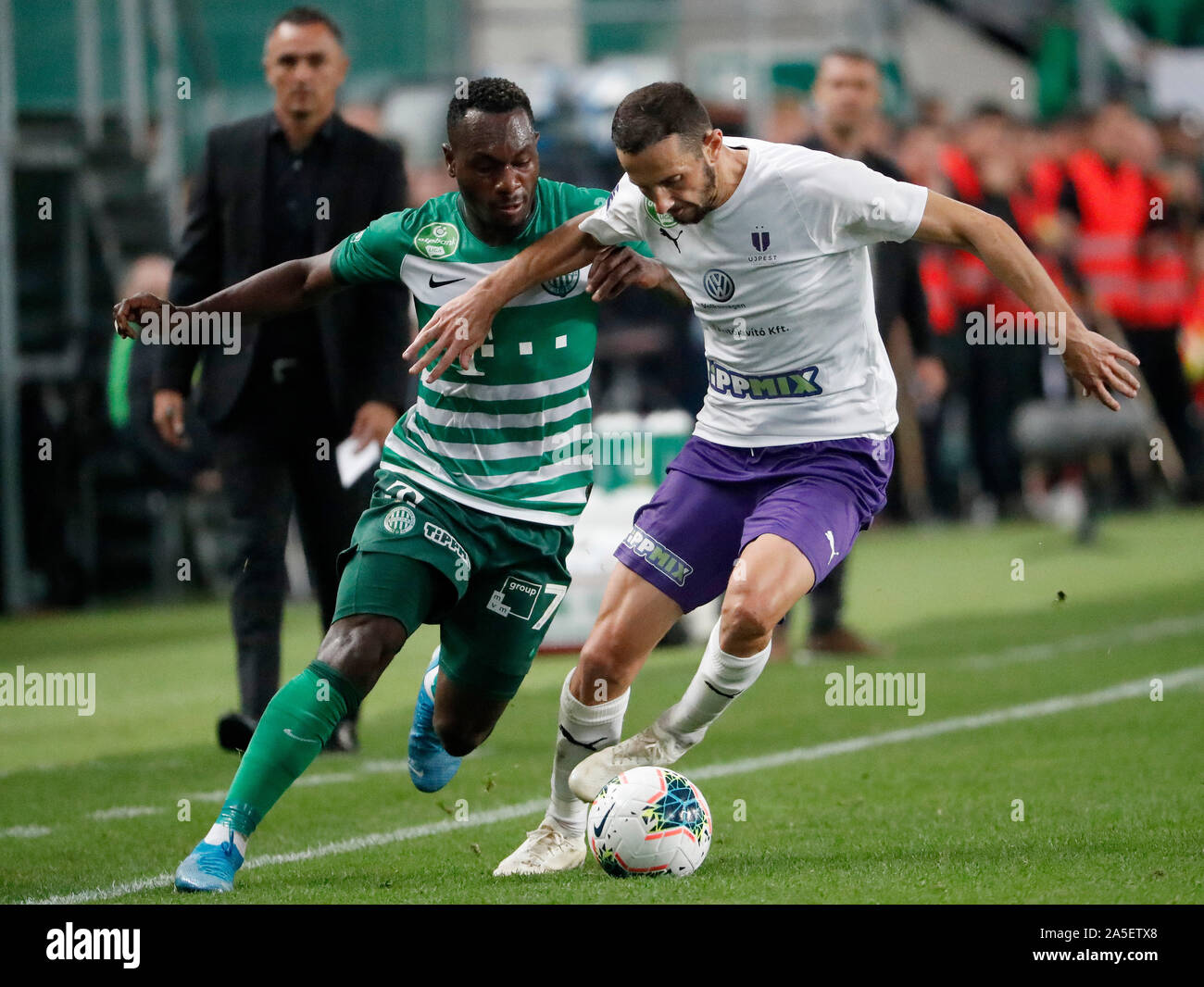 BUDAPEST, HUNGARY - MAY 11: Franck Boli of Ferencvarosi TC celebrates after  scoring a goal with Miha Blazic of Ferencvarosi TC during the Hungarian Cup  Final match between Ferencvarosi TC and Paksi