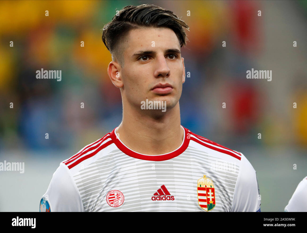 BUDAPEST, HUNGARY - OCTOBER 13, 2019: Dominik Szoboszlai listens to the anthem prior to the Hungary v Azerbaijan UEFA Euro Qualifier at Groupama Arena. Stock Photo