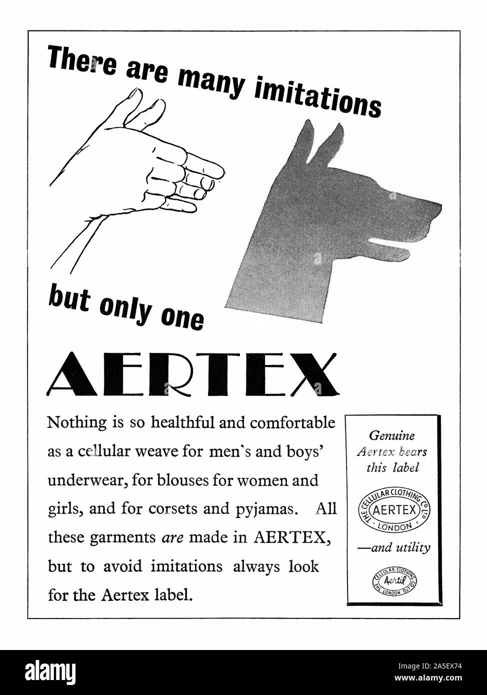 Advert for Aertex cellular fabric and clothing, 1951. The illustration  shows a pair of hands forming a shadow puppet of a dog's head and the copy  emphasising the need to avoid imitations