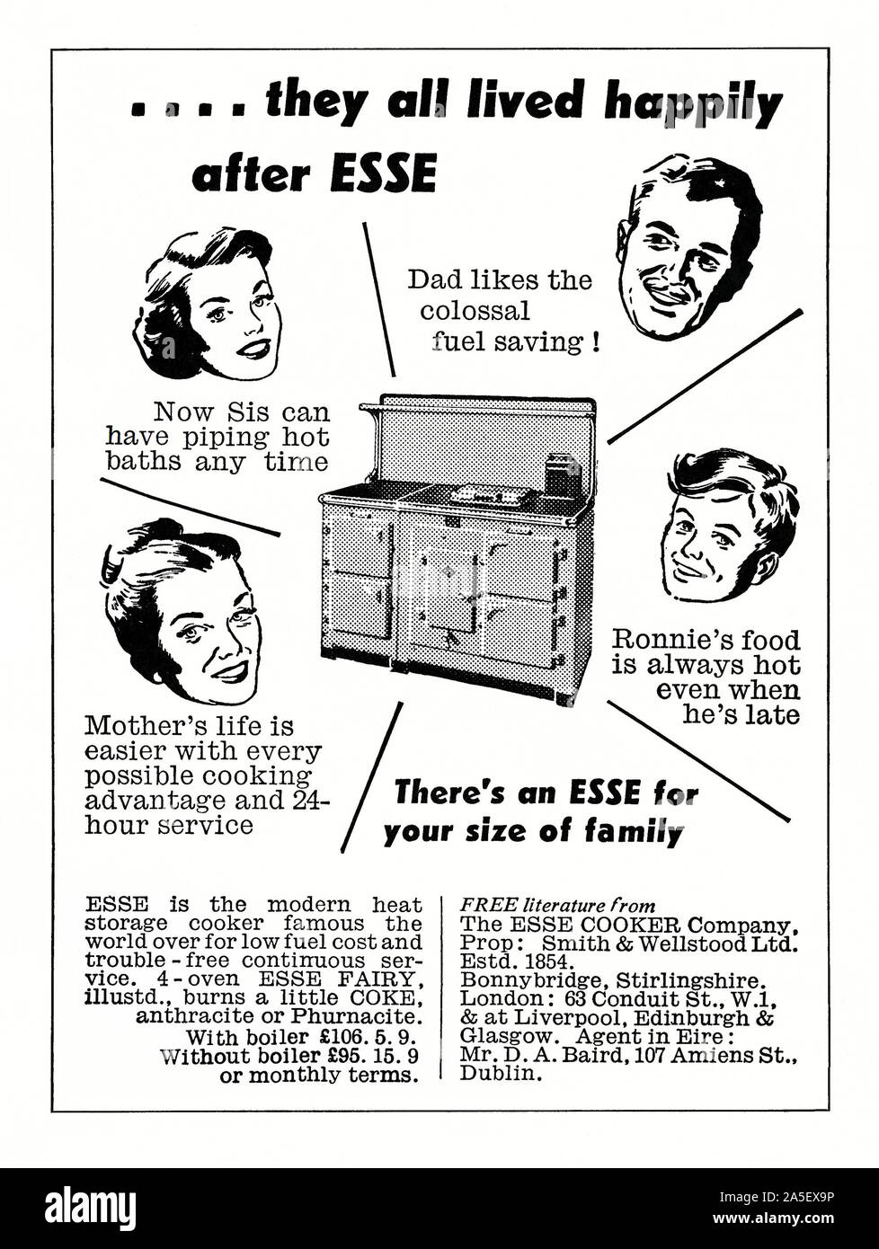 Advert for an Esse heat storage range-type cooker, 1951. The illustration shows a range cooker that ran on coke or anthracite coal and was available with or without a built-in boiler for heating water. The 'Esse' brand name was chosen because it sounded French. The business prospered throughout the 19th and early 20th centuries and the company were able to claim an Esse in every Royal household in Europe - plus Mrs Beeton, Florence Nightingale and Ernest Shackleton were among their famous clients. Esse range cookers and stoves are made in Barnoldswick, Lancashire, England. Stock Photo