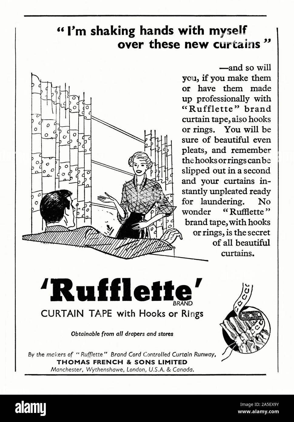Advert for Rufflette curtain tape, 1951. The illustration shows a woman very pleased with her new living room curtains. In 1922 Lancashire company Thomas French and Sons began producion of 'Rufflette', the world's first pocketed curtain pleating tape. This tape came complete with draw-cords and pockets for hooks or rings. A few years later came Rufflette curtain rail and hooks. Stock Photo