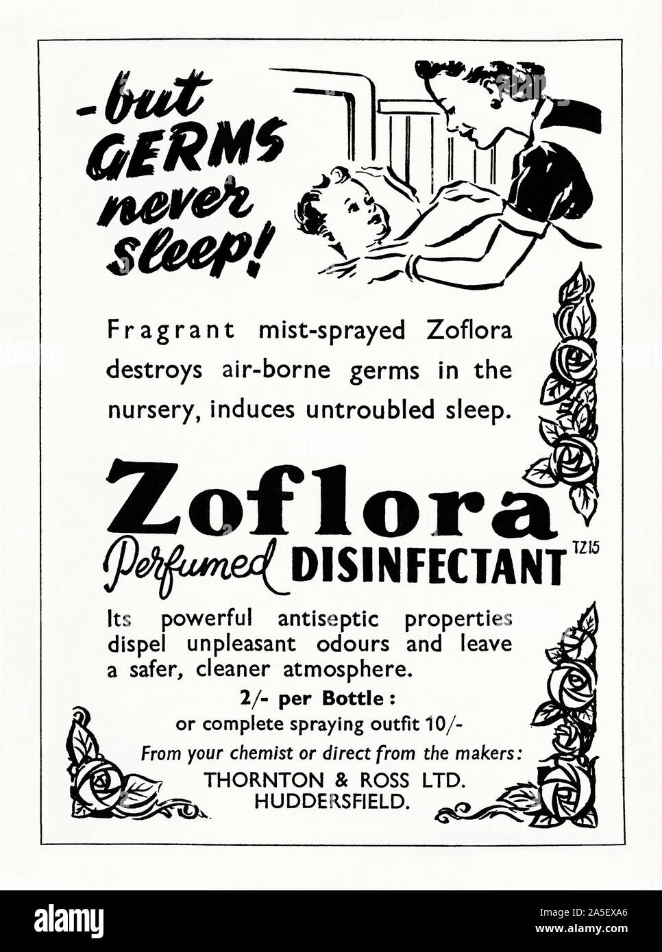 Advert for an Zoflora perfumed disinfectant, 1951. The illustration shows a mother tucking up a child in bed. Zoflora is made by pharmaceutical company Thornton & Ross which was founded in 1922 by Nathan Thornton and Phillip Ross in Laithwaite, Huddersfield, West Yorkshire, England, UK. Their products were developed to eliminate odours and kill germs in the home and public spaces, such as factories, cinemas and shops. Stock Photo