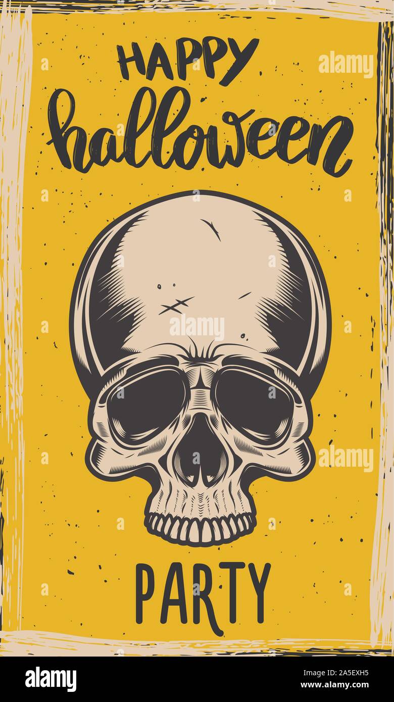 Flyer template of Halloween party. Evil skull on grunge background. Design element for poster, card, banner. Vector illustration Stock Vector