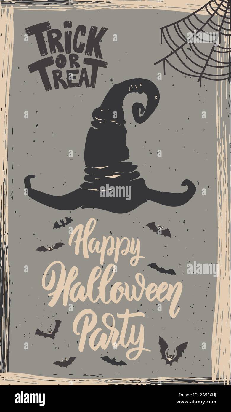 Flyer template of Halloween party. Witch hat on grunge background. Design element for poster, card, banner. Vector illustration Stock Vector