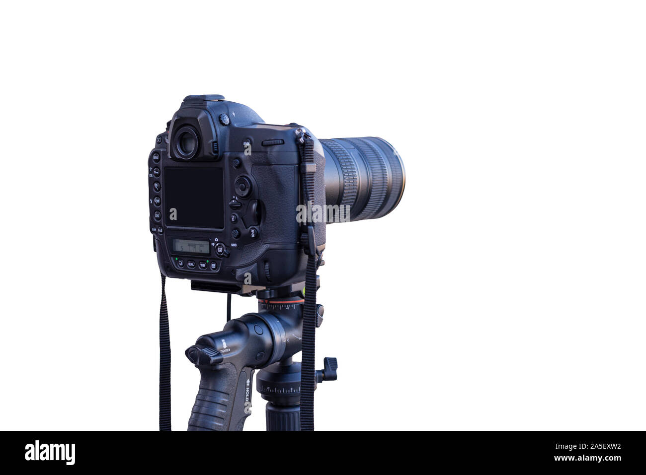 Isolated camera on tripod close-up. Blank screen for mockup. Stock Photo
