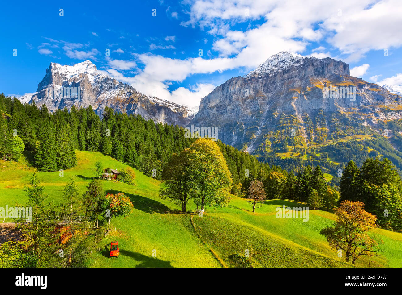 Grindelwald, Switzerland aerial village view and autumn Swiss Alps mountains panorama landscape, wooden chalets on green fields and high peaks in back Stock Photo