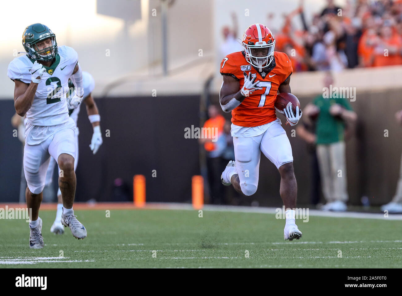 October 19, 2019: Oklahoma State running back LD Brown (7) breaks free for a long touchdown run during a football game between the Baylor University Bears and the Oklahoma State Cowboys at Boone Pickens Stadium in Stillwater, OK. Gray Siegel/CSM Stock Photo