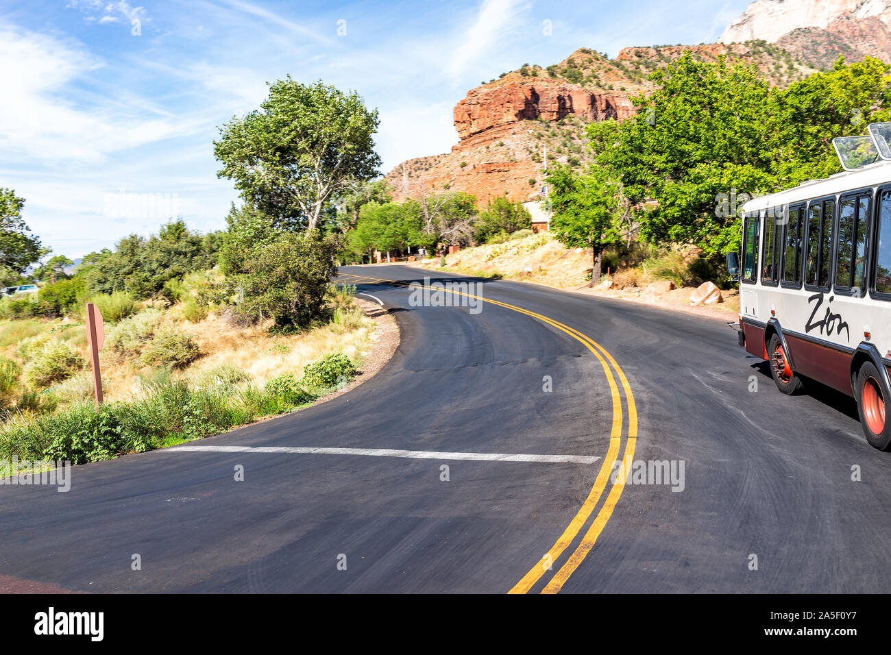 Springdale, USA August 6, 2019 Zion National Park winding road in