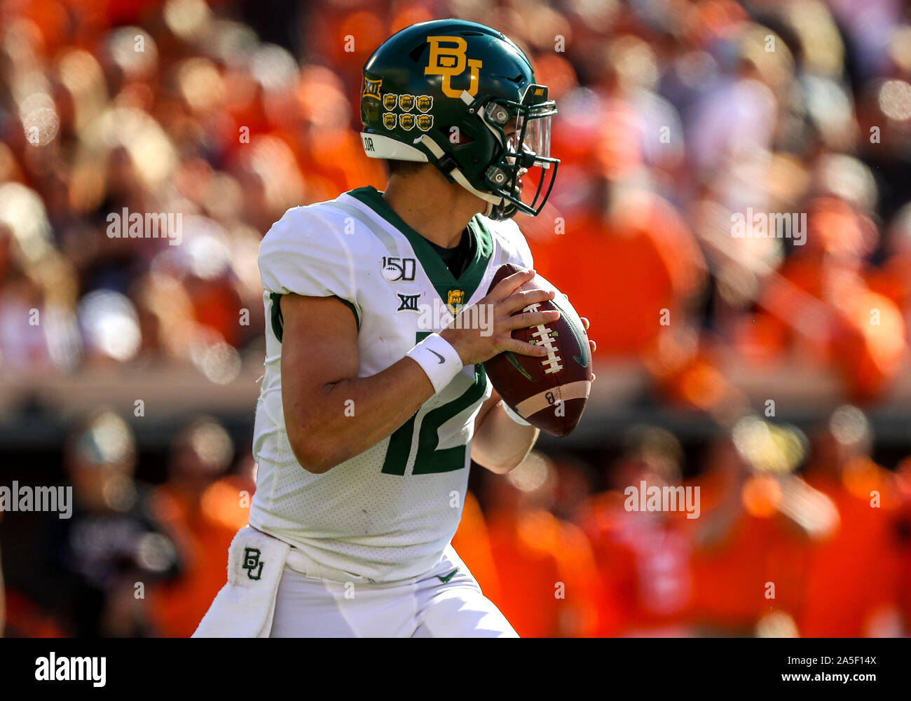October 19, 2019: Baylor University corner back Kalon Barnes (12) during a football game between the Baylor University Bears and the Oklahoma State Cowboys at Boone Pickens Stadium in Stillwater, OK. Gray Siegel/CSM Stock Photo