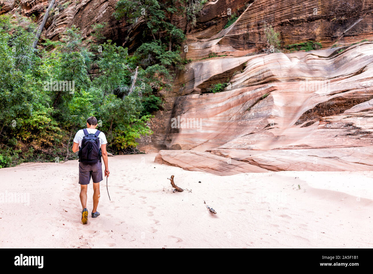 Zion National Park in Utah on Gifford Canyon trail sand and red rock formations with man hiker walking with backpack in summer Stock Photo