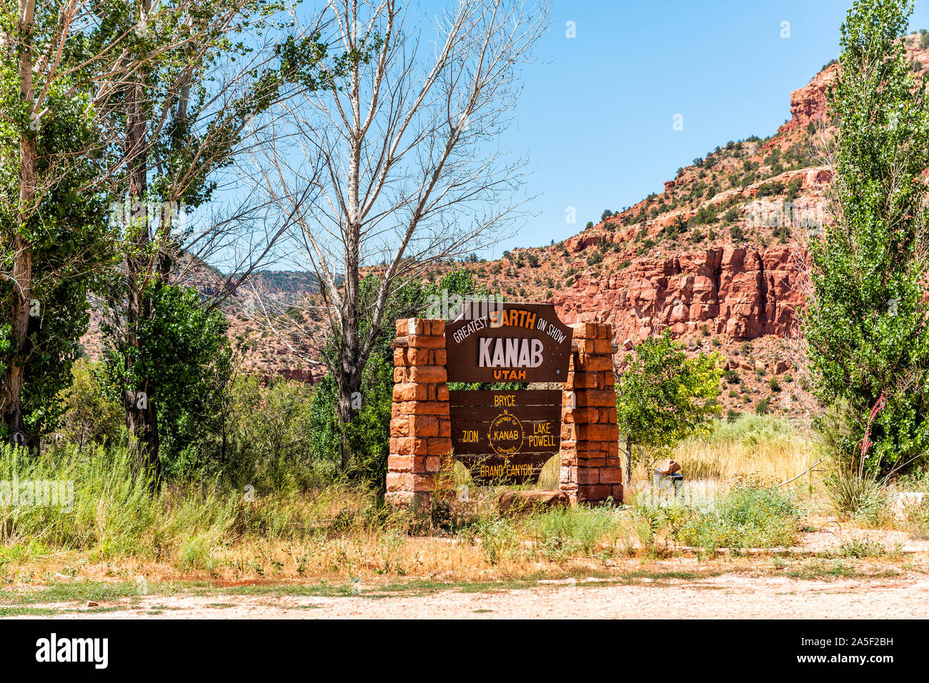 Kanab, USA - August 8, 2019: Closeup of sign for entrance to city near Bryce, Lake Powell and Zion National Park in Utah Stock Photo