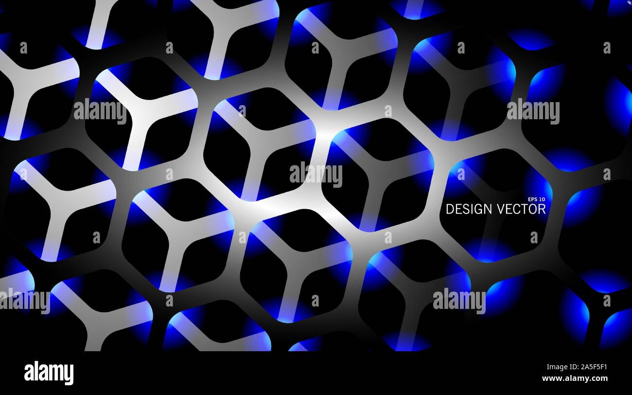 The hexagon vector background is dark gray with light blue and overlapping Stock Vector