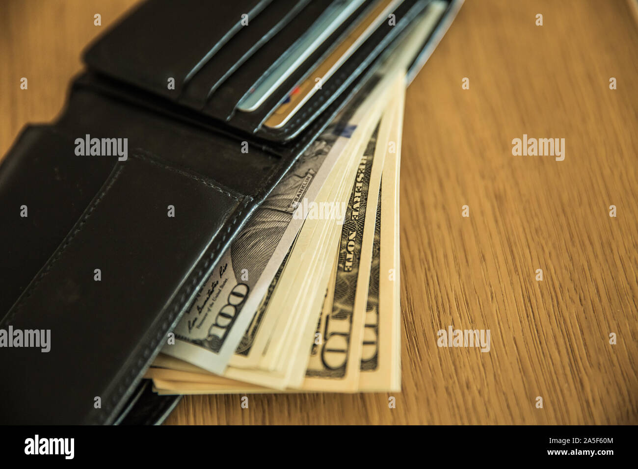 Currency in the wallet and on the table. Calculator and pen. Stock Photo