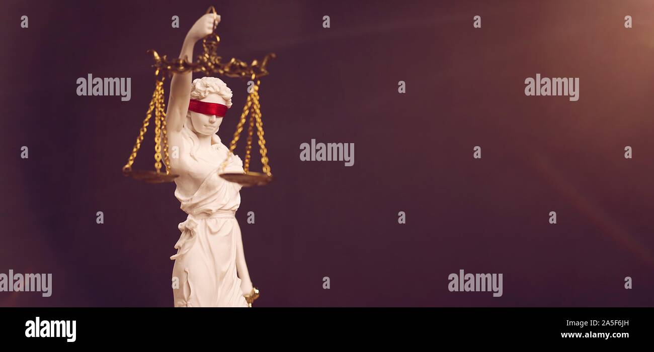 Portrait of lady Justice with red blindfold. Panoramic image with