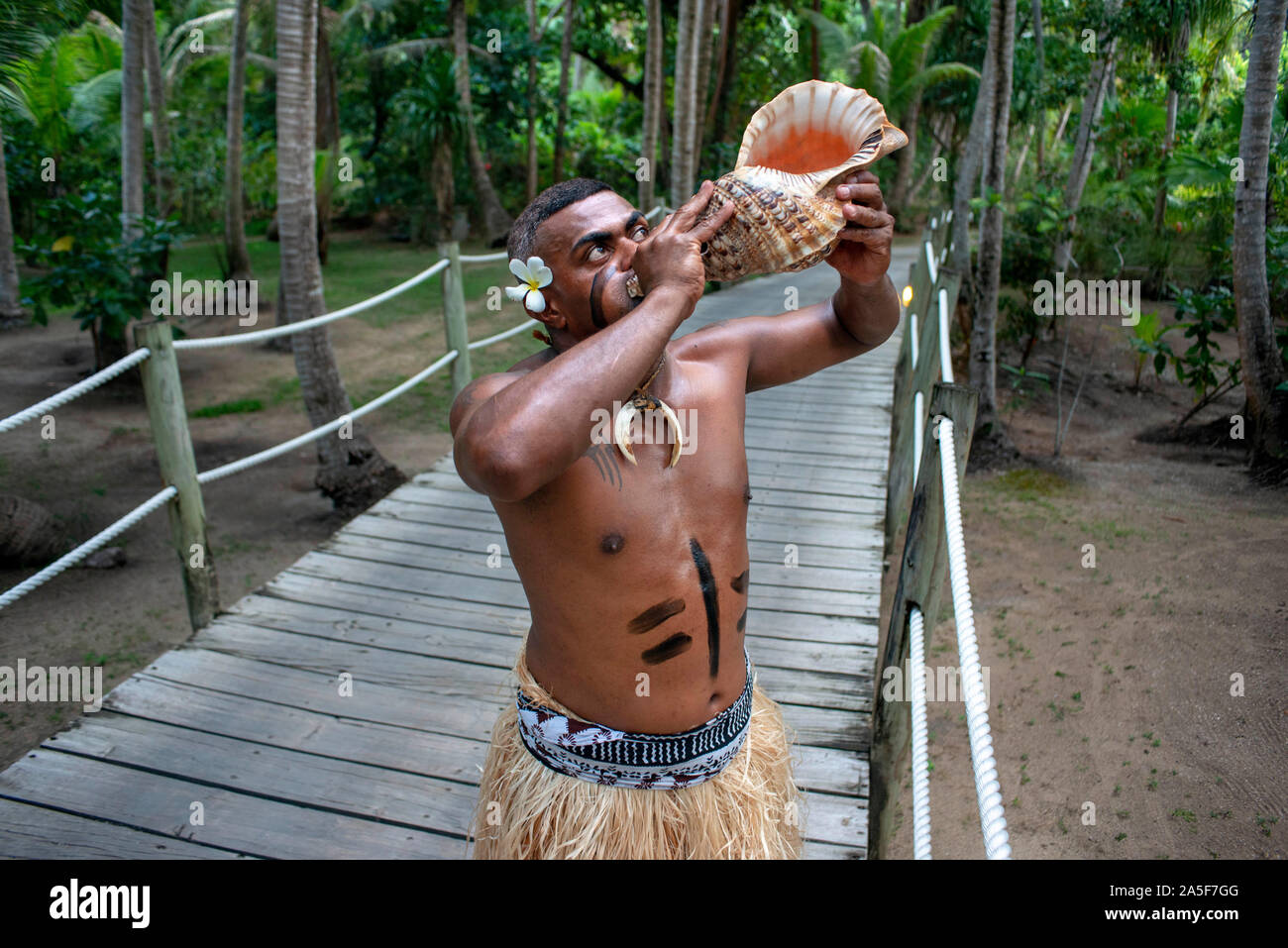 Tradtional Fijian Warrior blowing a shell in Malolo Island Resort and Likuliku Resort, Mamanucas island group Fiji Stock Photo