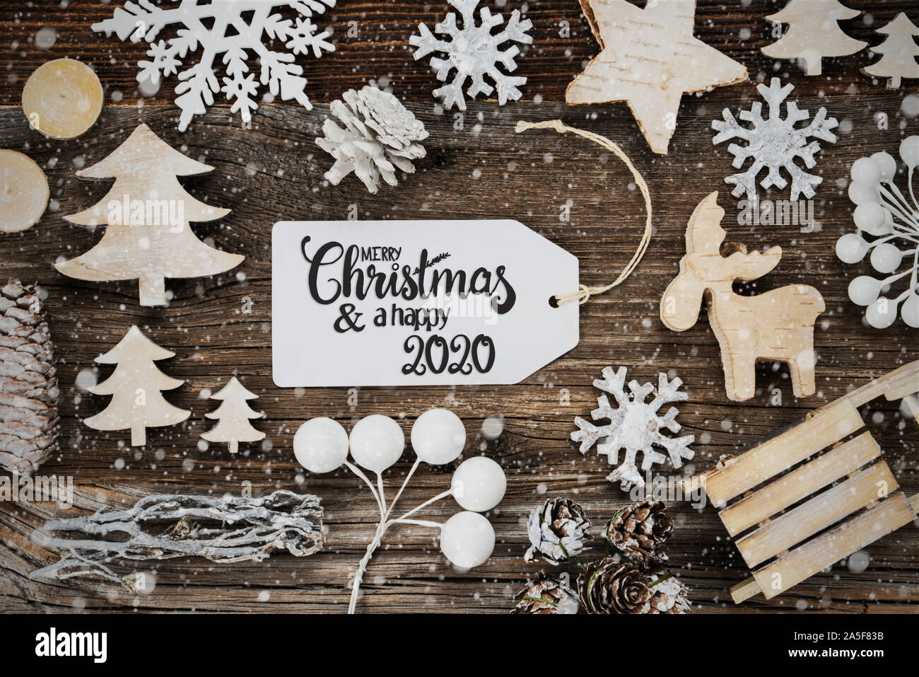 Label, Frame Of Christmas Decoration, Happy 2020, Snowflakes Stock Photo