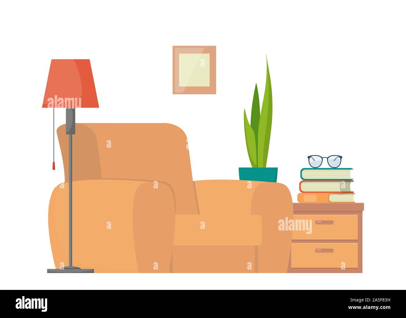 Cozy living room: armchair, nightstand, books and floor lamp. Interior elements of home library. Love reading concept illustration, flat style vector Stock Vector