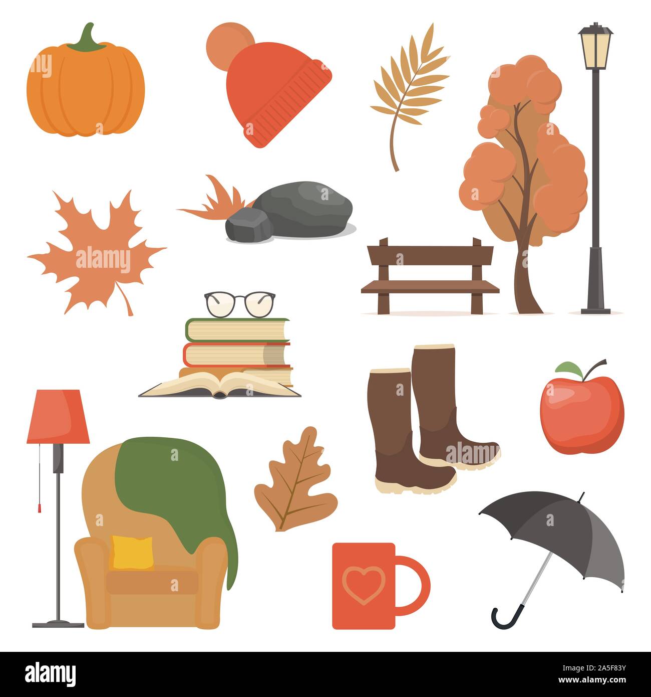 Autumn element set. Vector autumn attributes: pumpkin, apple, boots, umbrella, chair, plaid, books, mug, tree, bench lantern hat leaves Illustration f Stock Vector