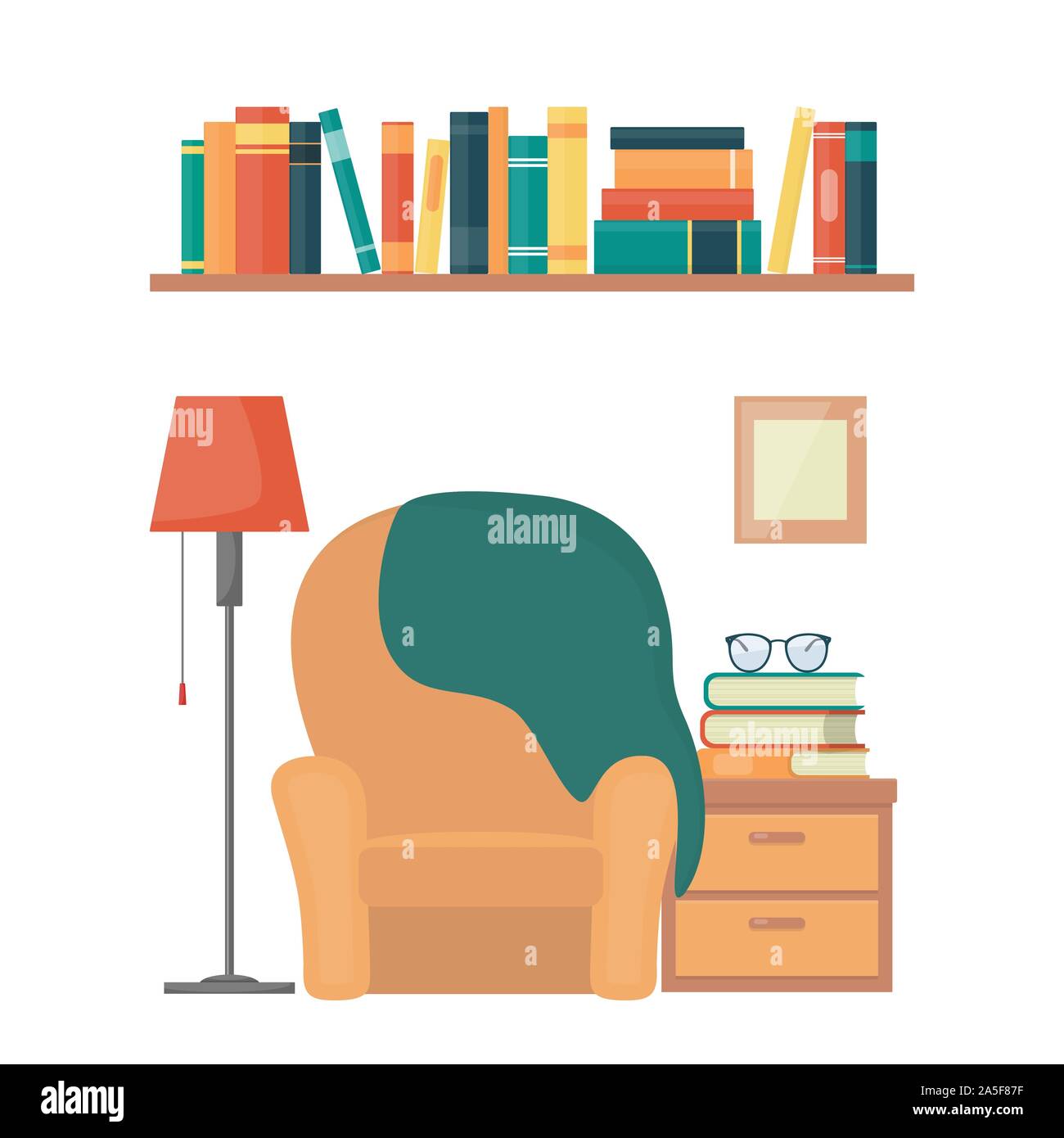 Cozy living room: armchair, nightstand, books, floor lamp, bookshelf. Interior elements of home library. Love reading concept illustration, flat style Stock Vector