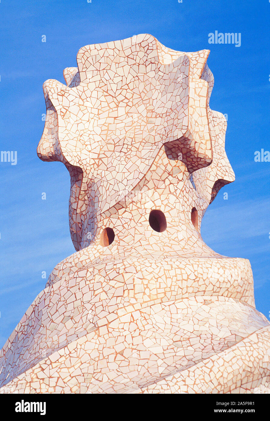 Detail of chimney of the terraced roof. Casa Mila, La Pedrera, by Antoni Gaudi. Barcelona, Spain. Stock Photo