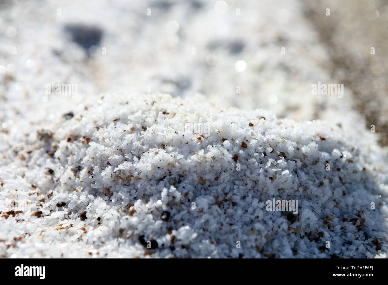 Dead sea salt on the beach - Salt accumulation on the Dead Sea shore in Israel Stock Photo