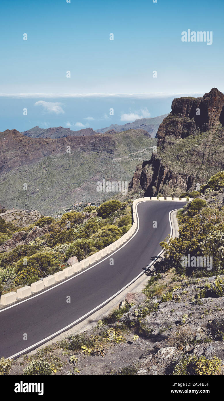 Scenic mountain road, color toning applied, Tenerife, Spain. Stock Photo