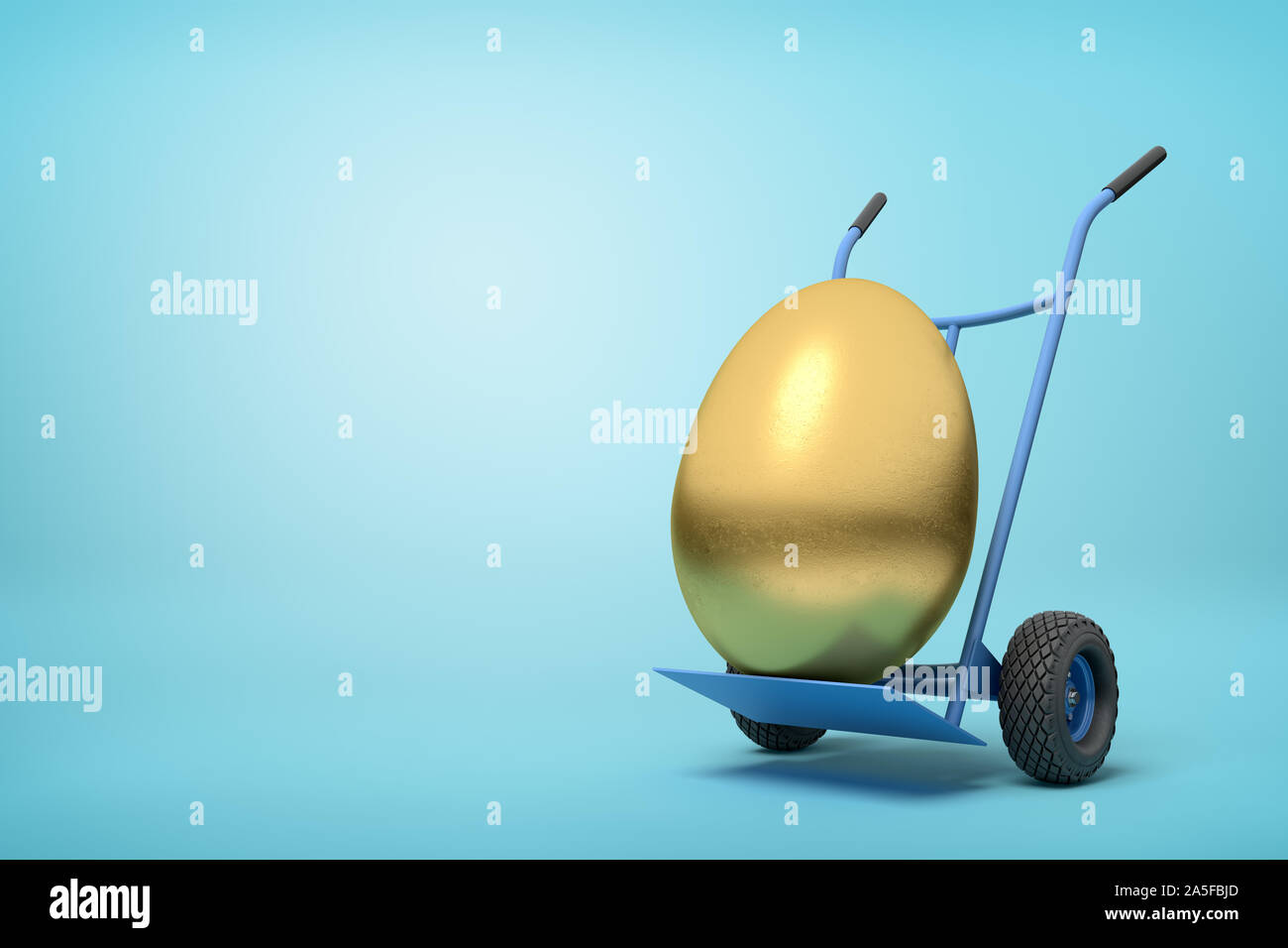 3d rendering of a golden egg on a hand truck on blue background Stock Photo