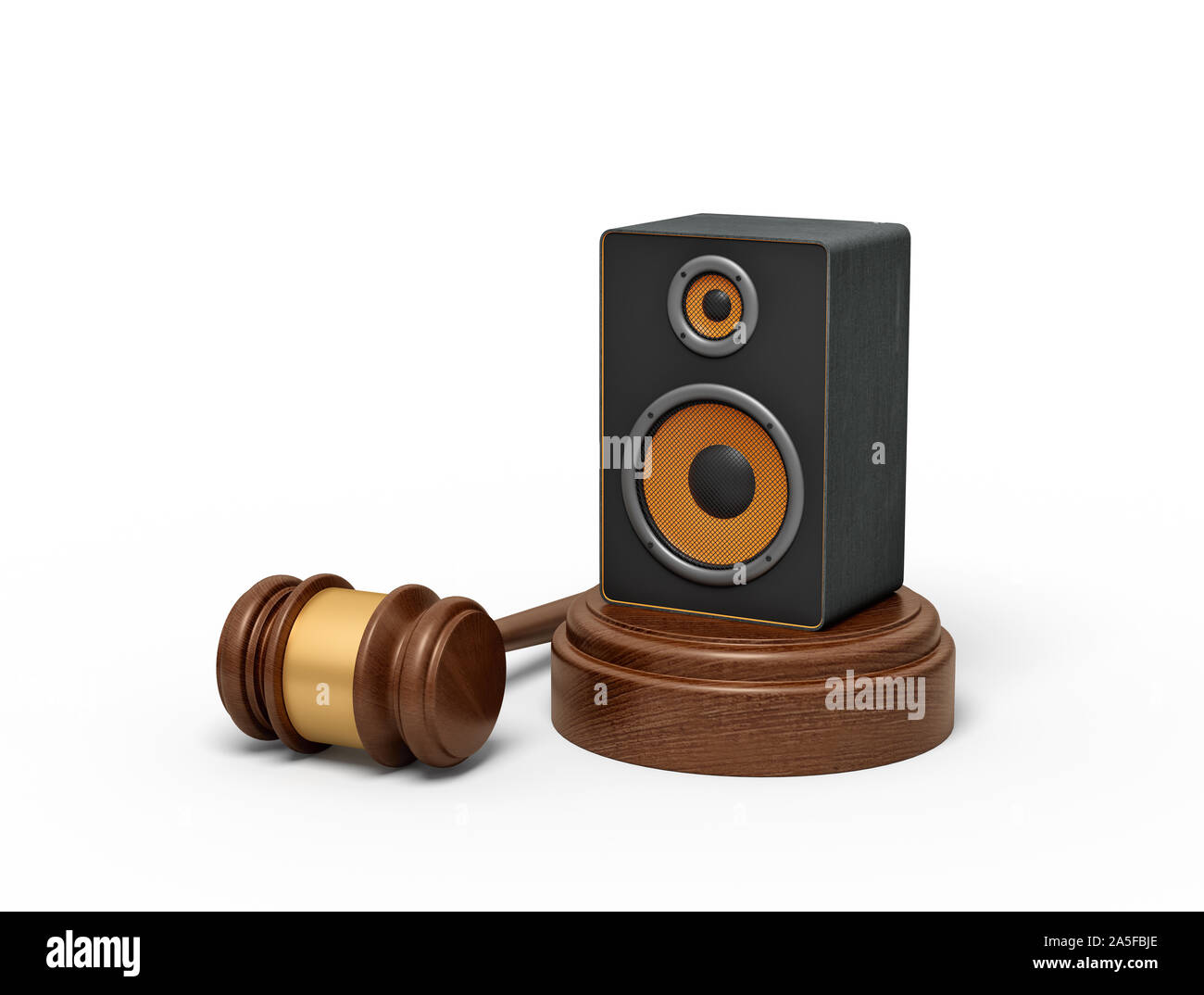 3d rendering of audio loudspeaker on round wooden block and brown wooden gavel Stock Photo
