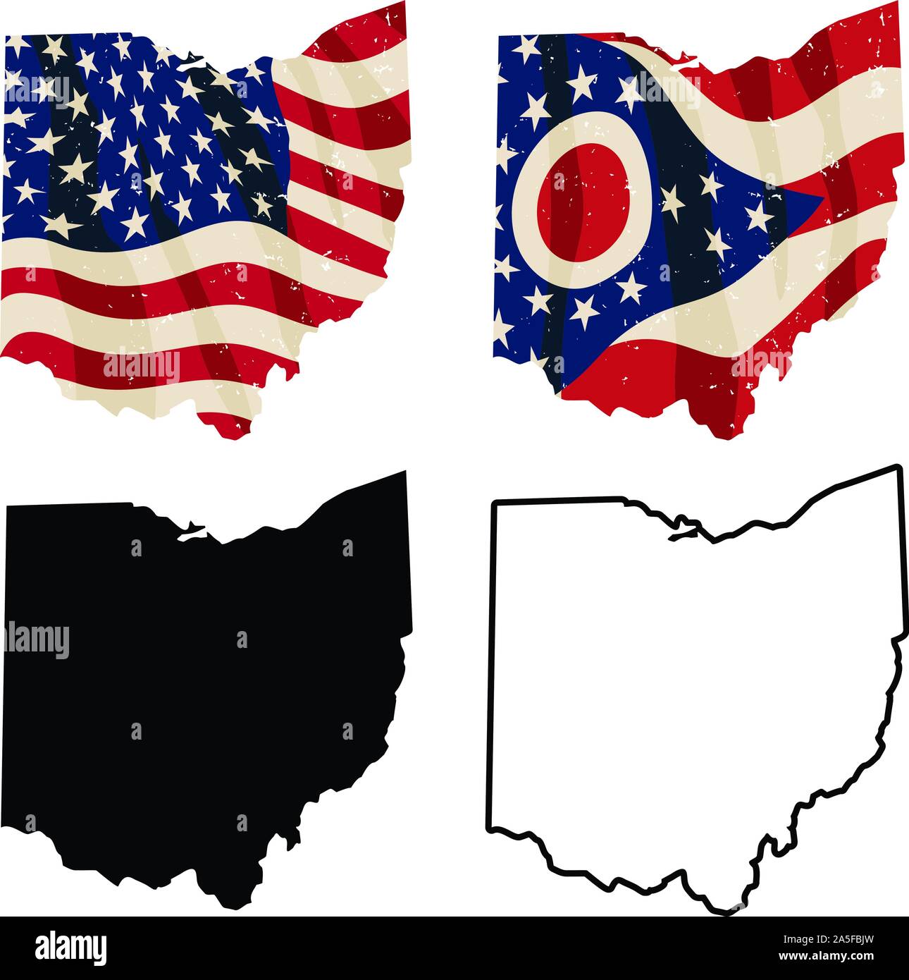 Ohio with USA flag, Ohio flag, black silhouette and black outline isolated vector illustration Stock Vector