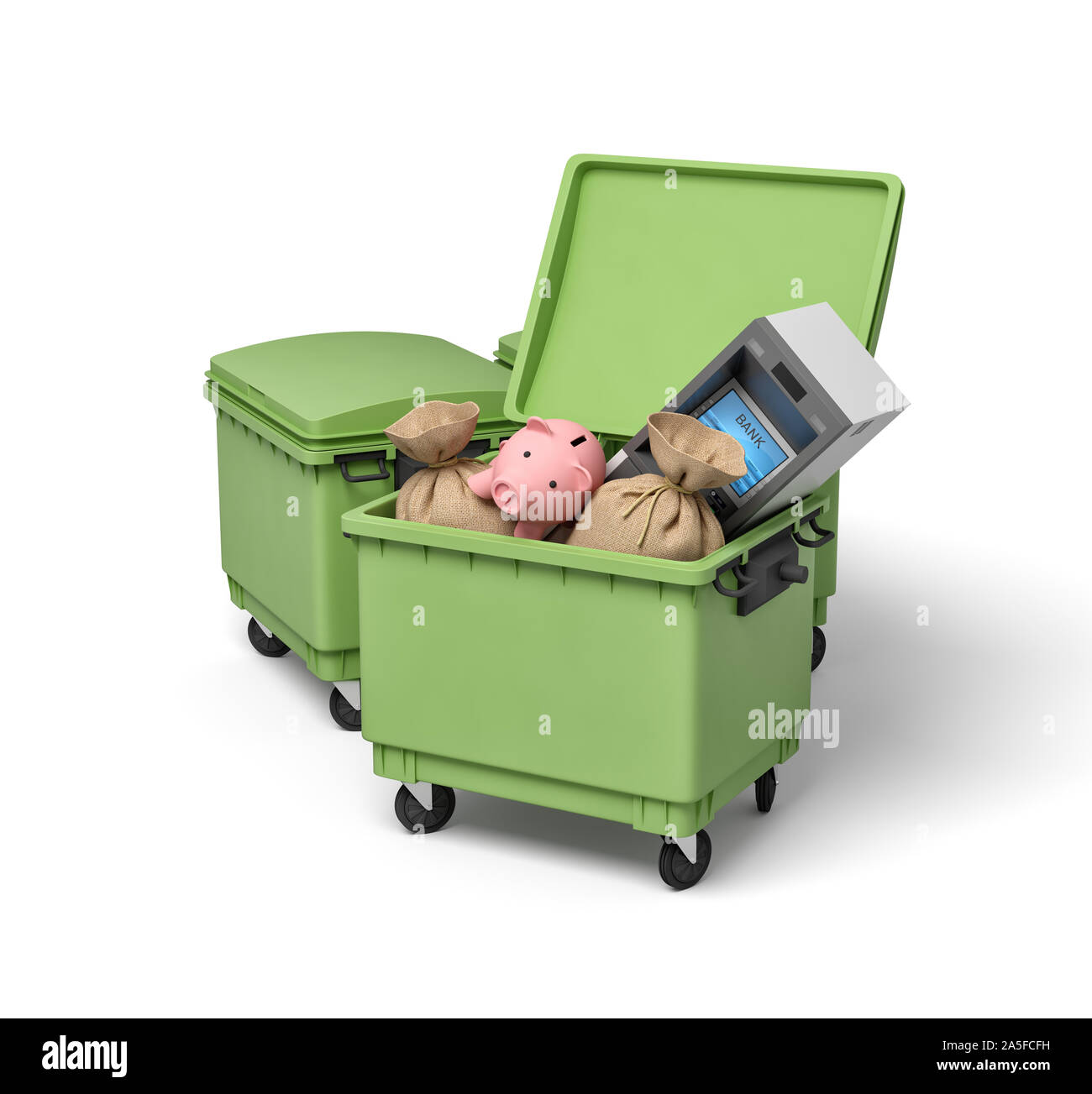 https://c8.alamy.com/comp/2A5FCFH/3d-rendering-of-green-trash-bins-with-pink-piggy-bank-atm-machine-and-money-bags-inside-2A5FCFH.jpg