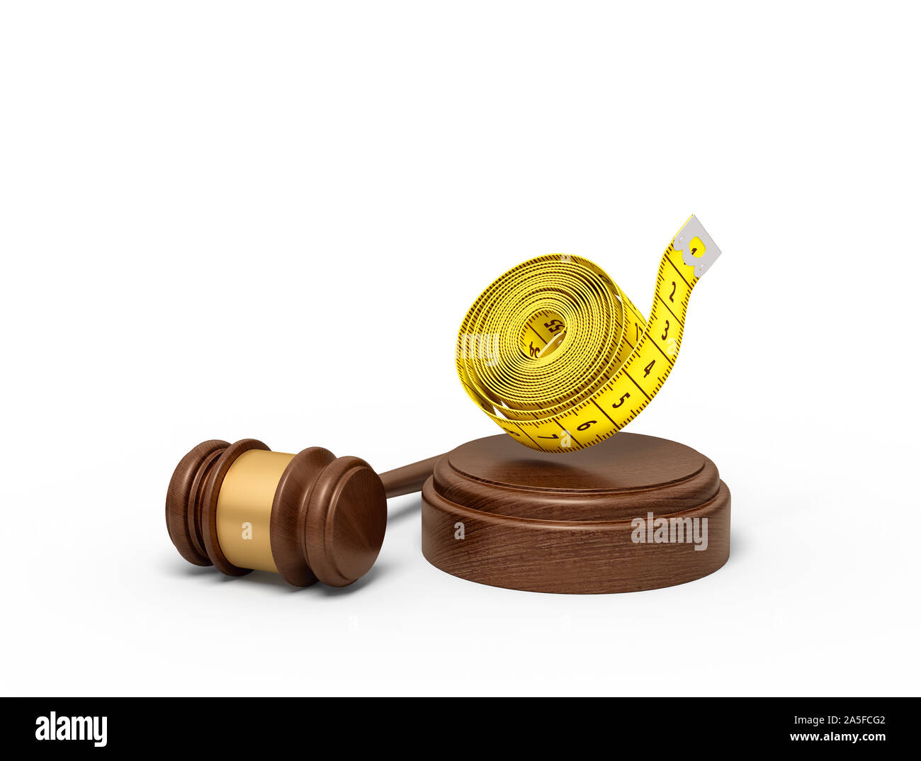 3d rendering of roll of yellow measuring tape levitating in air above sounding block with gavel beside. Stock Photo
