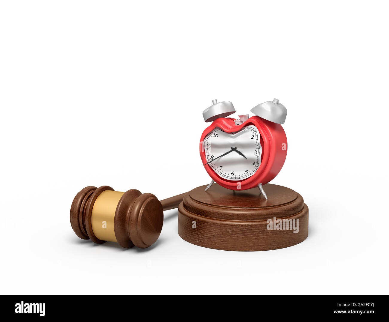 3d rendering of smashed broken alarn clock on round wooden block and brown wooden gavel Stock Photo