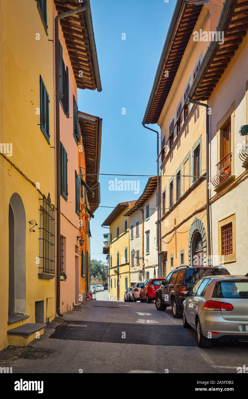 Montopoli in Val d'Arno narrow street architecture. It is a municipality in the Province of Pisa in the Italian region Tuscany. Stock Photo