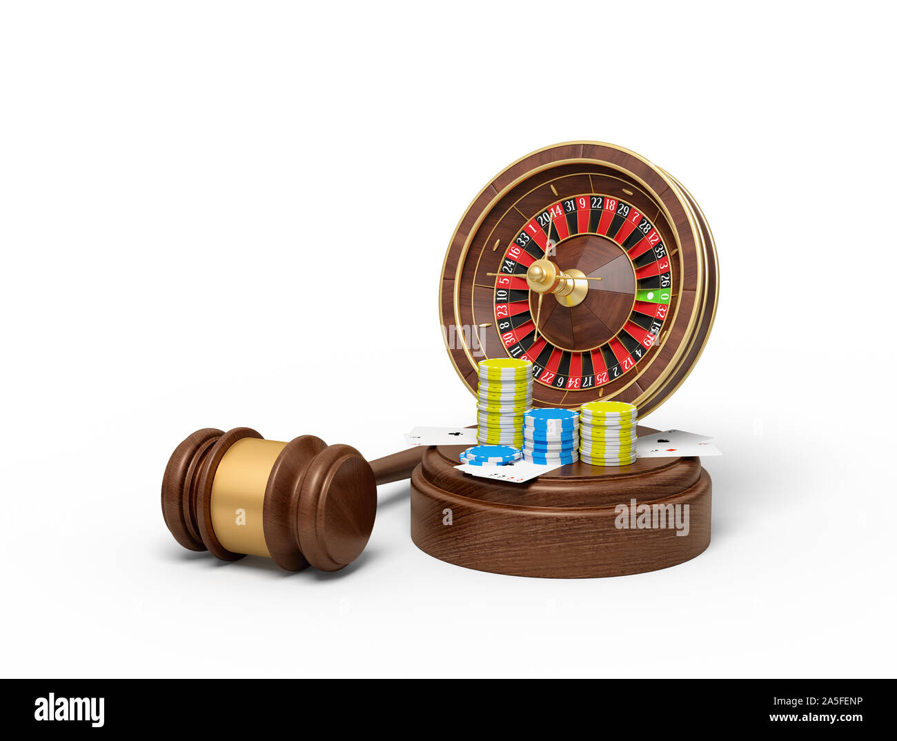 3d rendering of casino roulette, chips and playing cards on round wooden block and brown wooden gavel Stock Photo