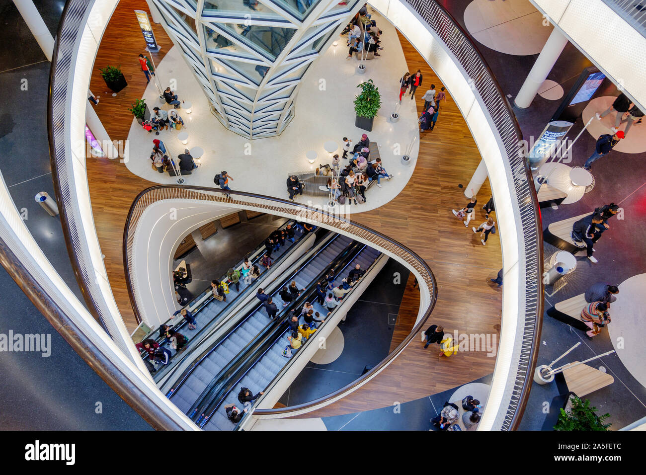 Top interior view of atrium and escalator hall with