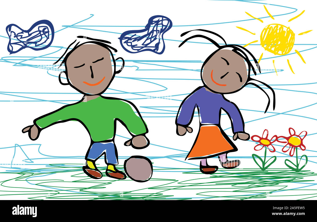 Kids drawing style of happy African American boy and happy Afro American girl Stock Photo