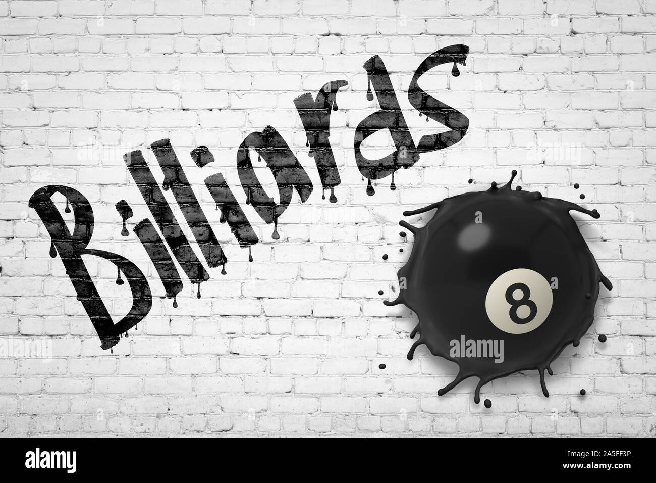 3d rendering of white brick wall with title 'Billiards', and black billiards ball with number 8 smashed into wall. Stock Photo