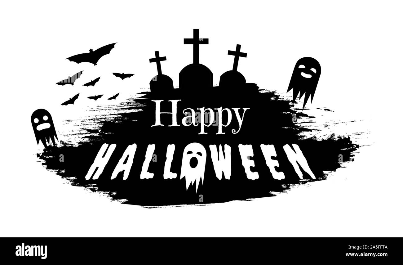 Haunted cemetery silhouette vector illustration. Seasonal holiday greeting card design element, grunge banner concept. Black and white ghosts and gravestones with happy halloween typography Stock Vector