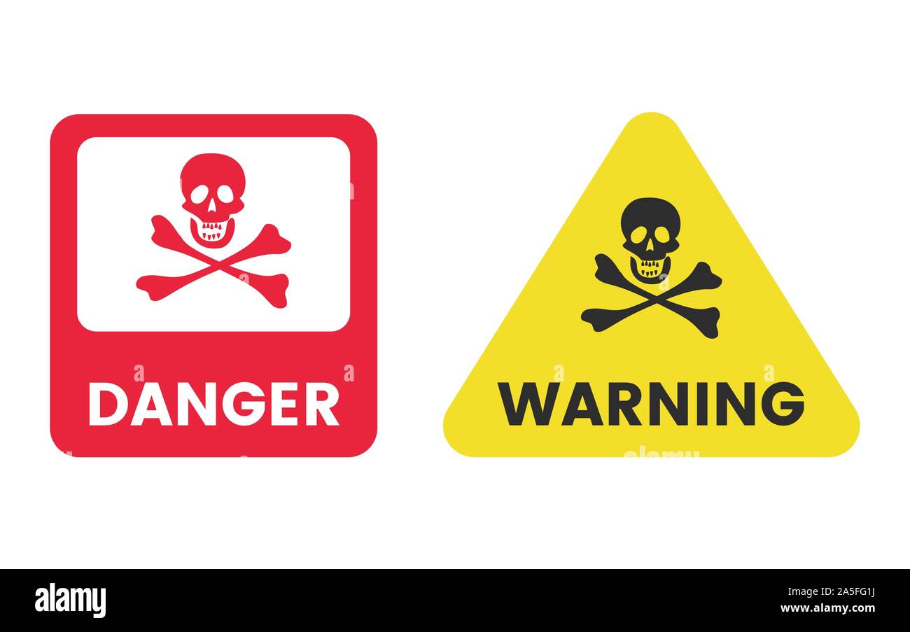 Danger warning message vector signs set. Red square and yellow triangle with skull and crossbones illustration with typography. Restricted area, caution symbols, dangerous chemicals, poison labels Stock Vector