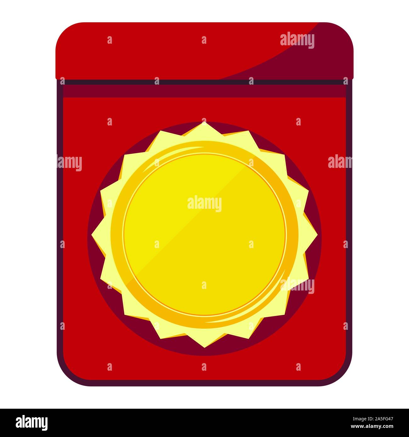 Golden zigzag round shape mark of distinction - medal blank in open red velvet box isolated on white background. Stock Vector
