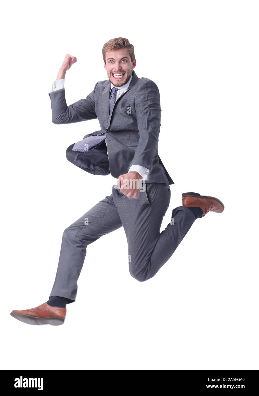 in full growth. happy businessman showing his success Stock Photo