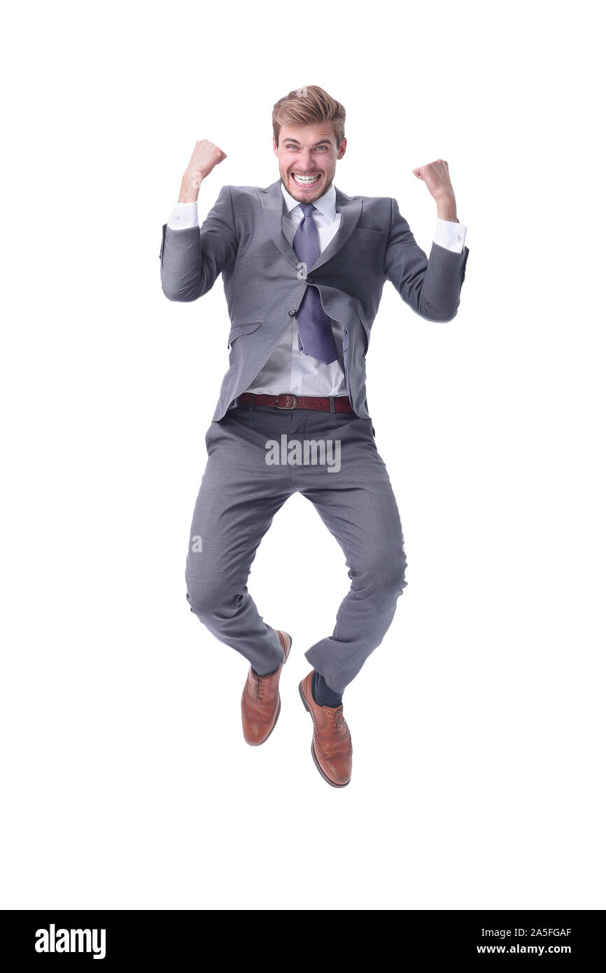in full growth. happy businessman showing his success Stock Photo