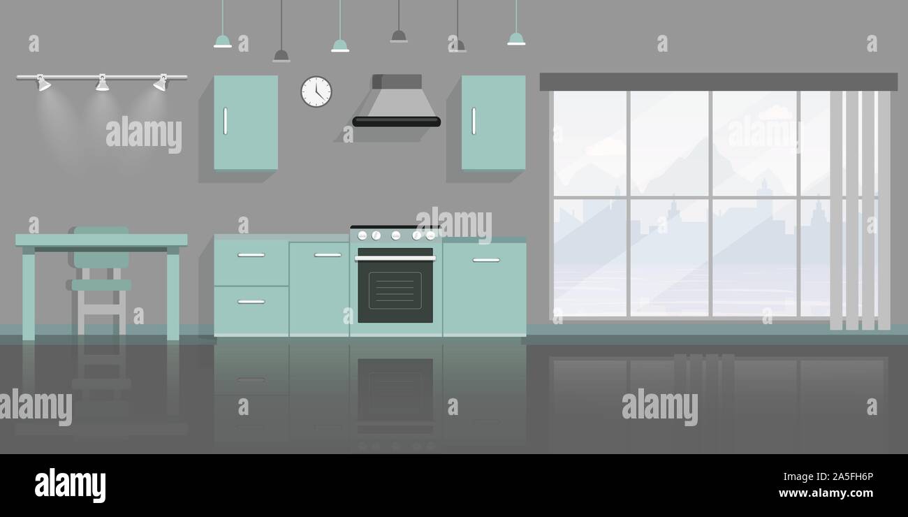 Kitchen interior decor flat vector illustration. Clean empty dining room panorama with no people, modern apartment furnishing. Stove with oven, cabinets, exhaust hood and table with chair Stock Vector