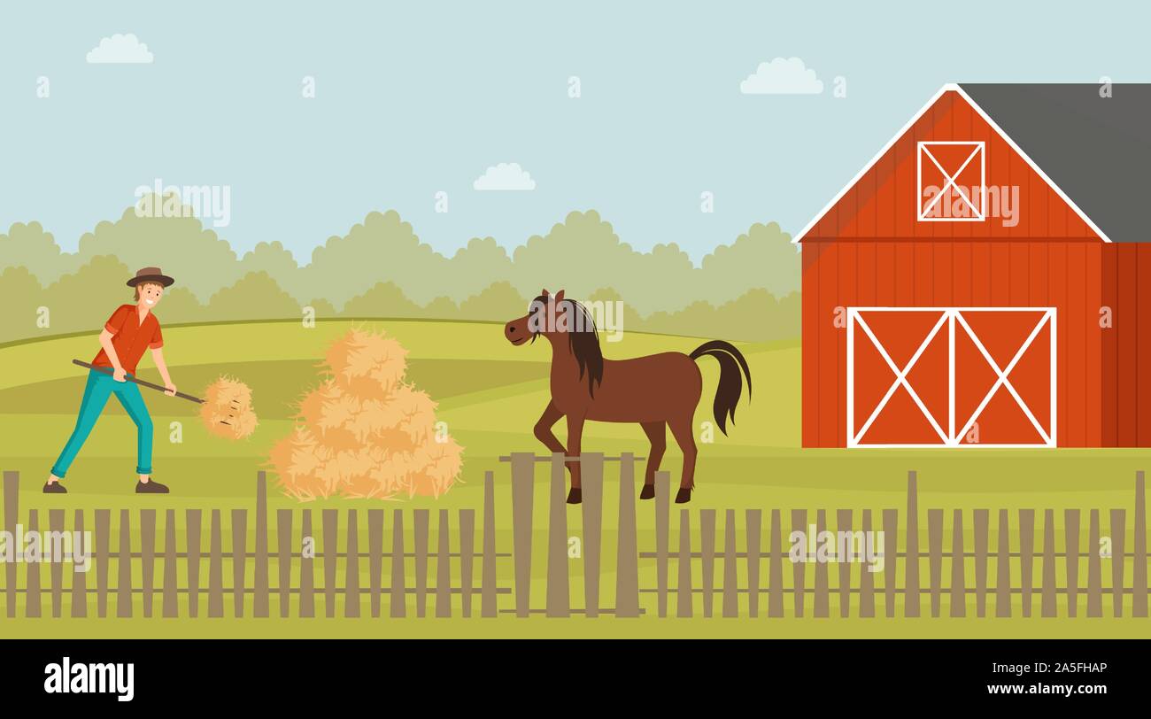 Rancher working in farmyard flat illustration. Young farmer feeding horse with hay cartoon character. Livestock technician working with pitchfork, harvesting food for stallion near barnhouse Stock Vector