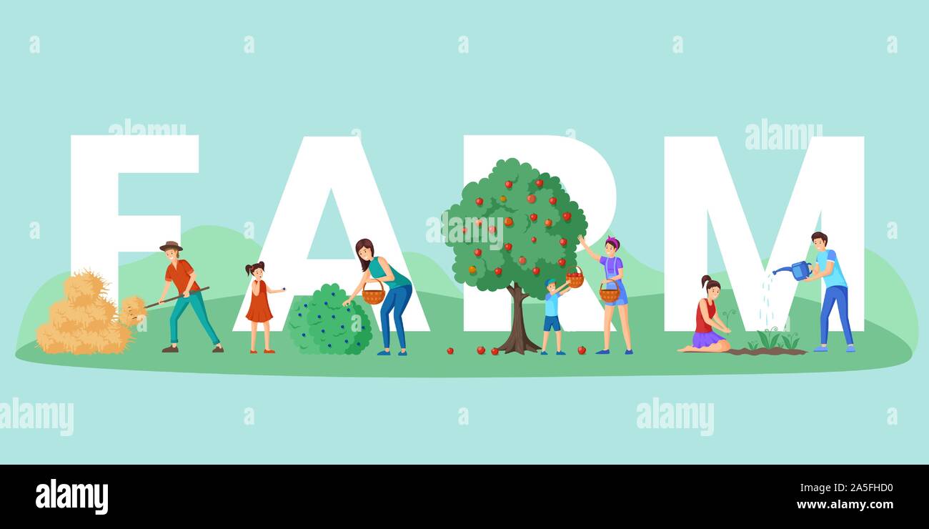 Farm workers chores word concept banner. Mother and son gathering bio apples harvest and black currant berries with baskets. Farmer near haystack, gardeners planting flowers cartoon characters Stock Vector