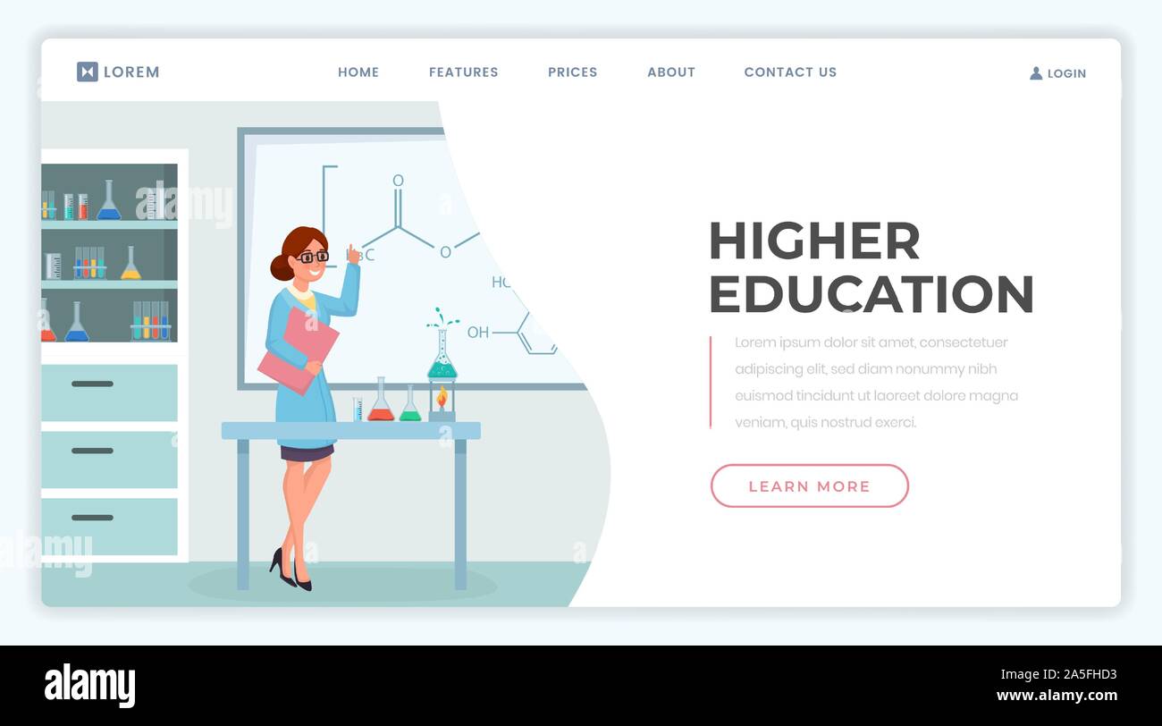 Higher education landing page vector template. College, university website homepage interface idea with flat illustration. Professional chemistry classes web banner, webpage cartoon concept Stock Vector