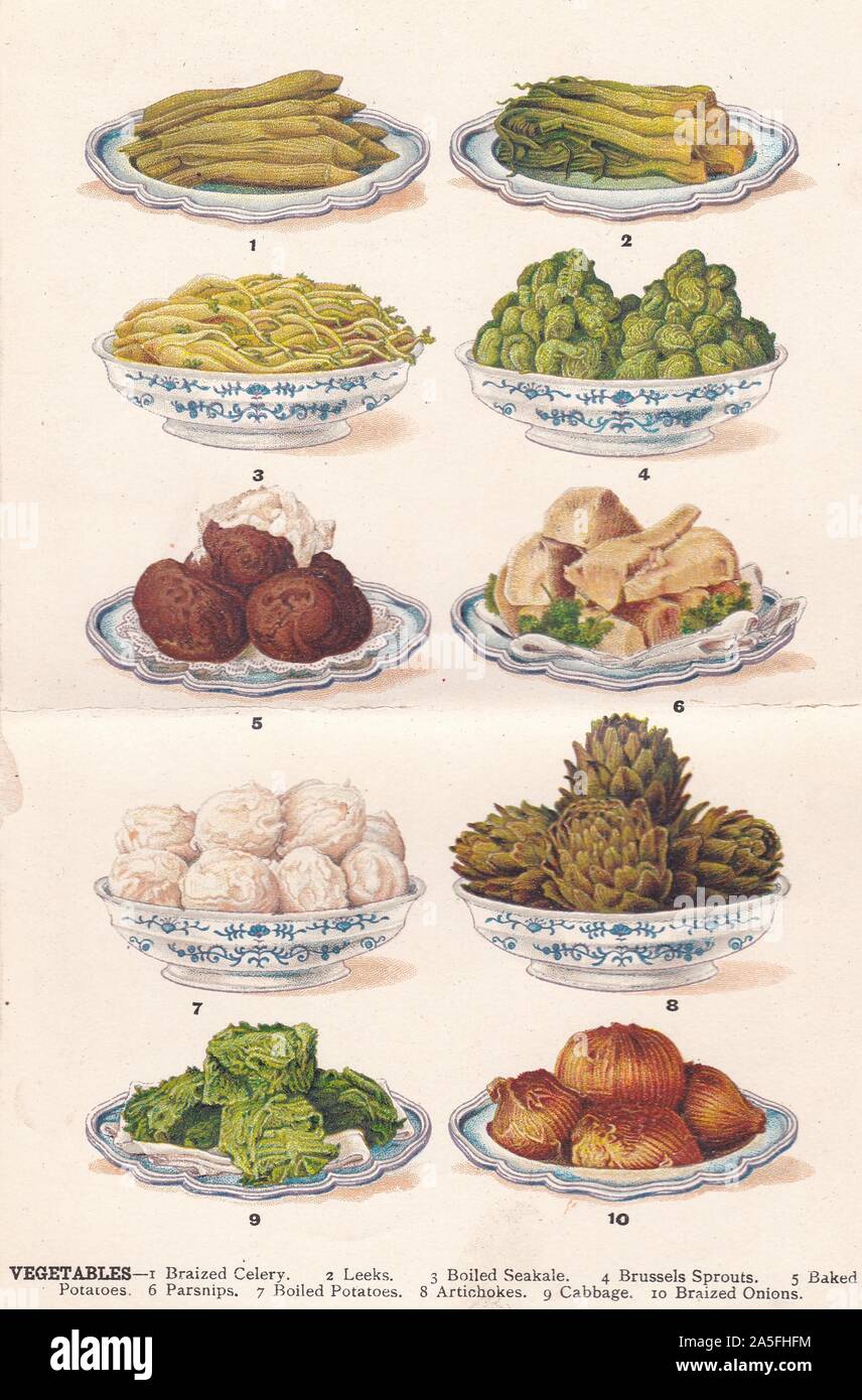 Colour book plate of 1950s food - vegetable serving ideas for the housewife. Stock Photo